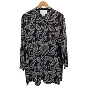 Jeannene Booher Silk Leaf Print Shirt Womens Sz 14 Black Button Up Split Hem